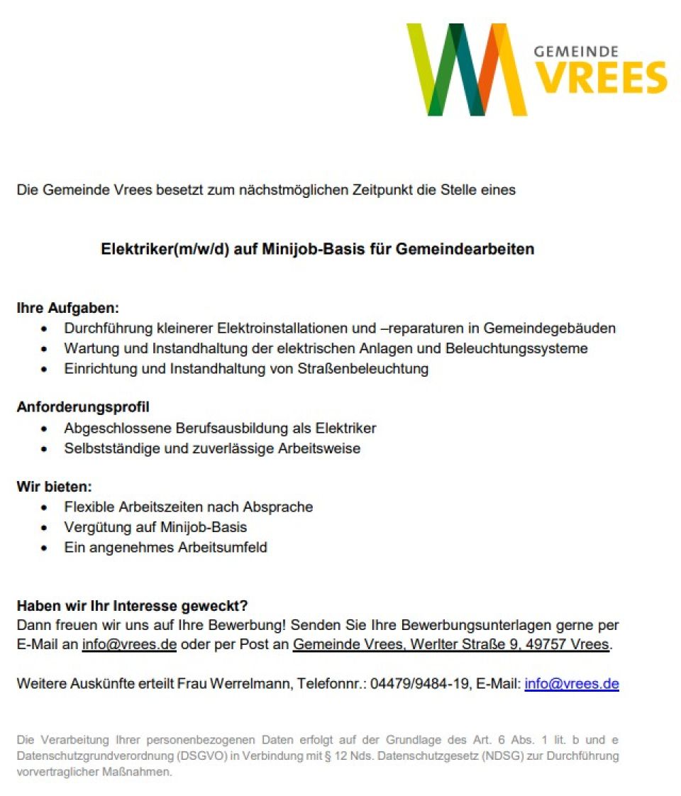 Bild über die Standorte der Defibrillatoren in Vrees 1.	Pflegehaus Vrees, Werlter Straße 11, Vrees (24 Stunden zugänglich) 2.	Katholische Kirche, Werlter Straße (Eingang Parkplatz), Vrees (08:00 Uhr bis 18:00 Uhr) 3.	Hümmlinger Volksbank, Gehlenberger Weg 2, Vrees (24 Stunden zugänglich) 4.	Firma Wessels Regeltechnik, Gewerbegebiet Peheimer Straße 2, Vrees (24 Stunden zugänglich) 5.	Familie Elbers, Hoher Sand 27, Vrees (24 Stunden zugänglich) 6.	Vereinehaus, Herzog-Arenberg-Straße 30, Vrees (bei Trainings- und Spielbetrieb zugänglich)